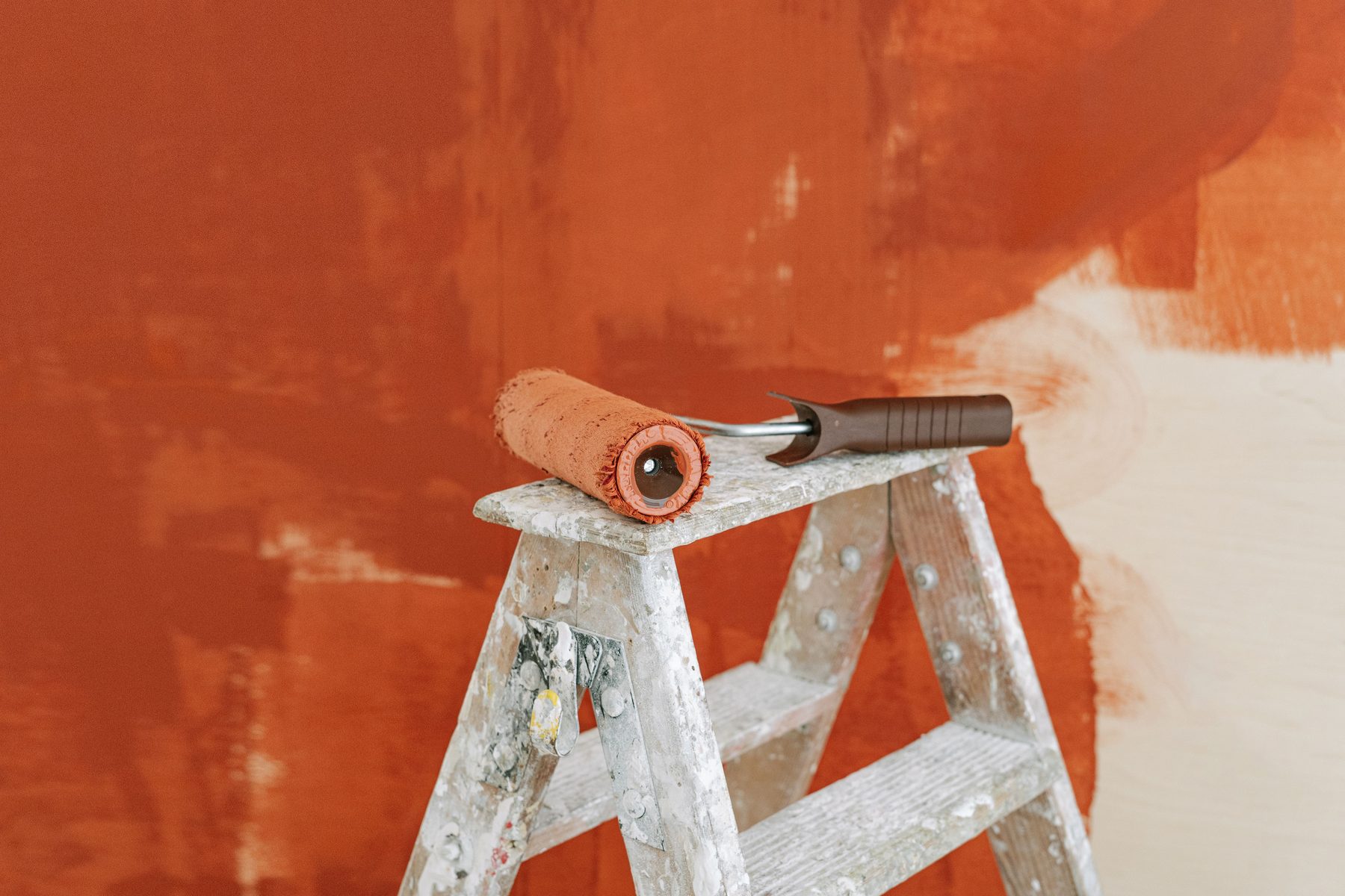 Painter's tools and roller on a ladder against a freshly painted wall